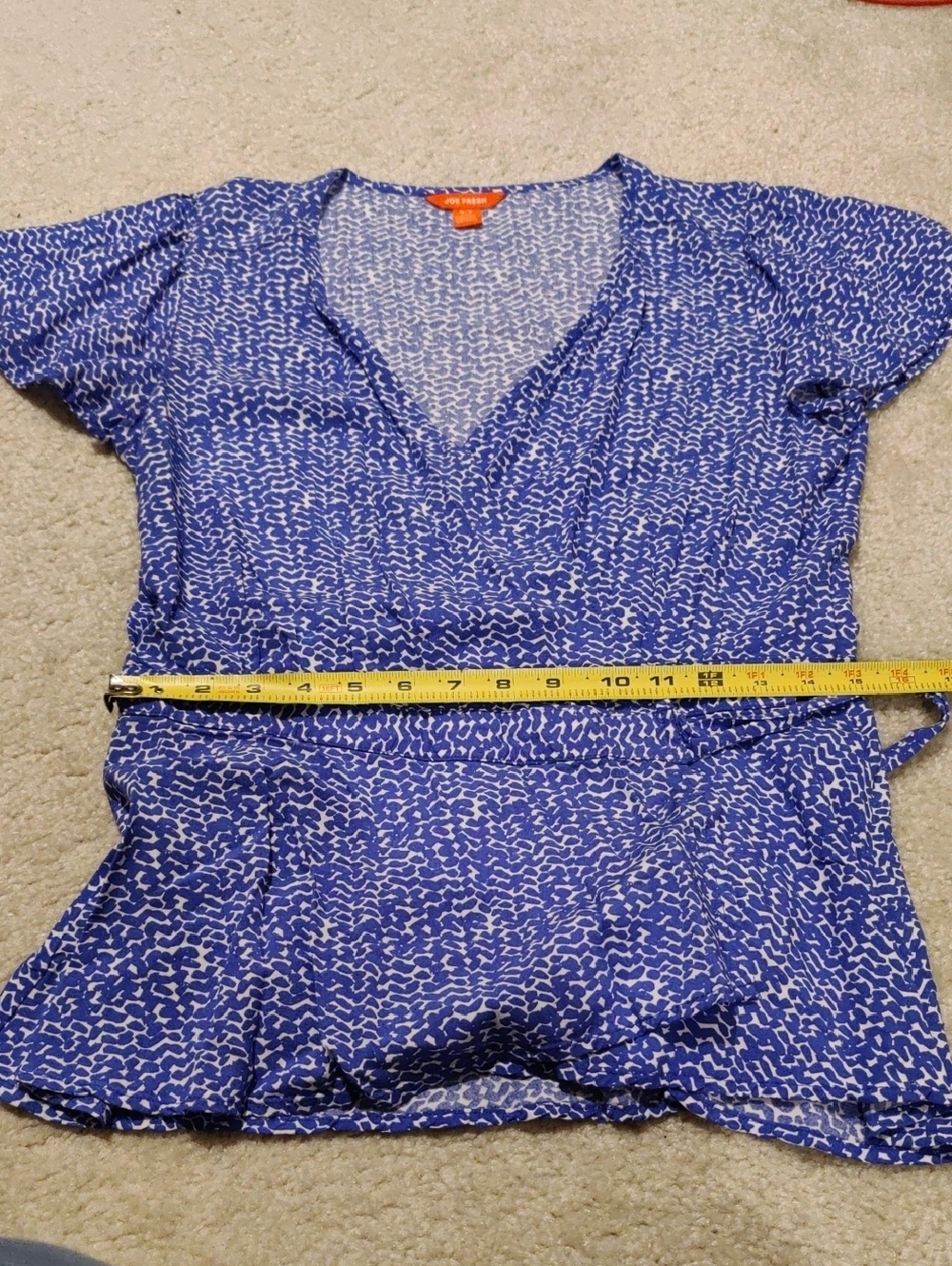 Joe Fresh Wrap Short Sleeve Blue Printed Surplice Waist Peplum Top Blouse Y2K - Picture 10 of 11